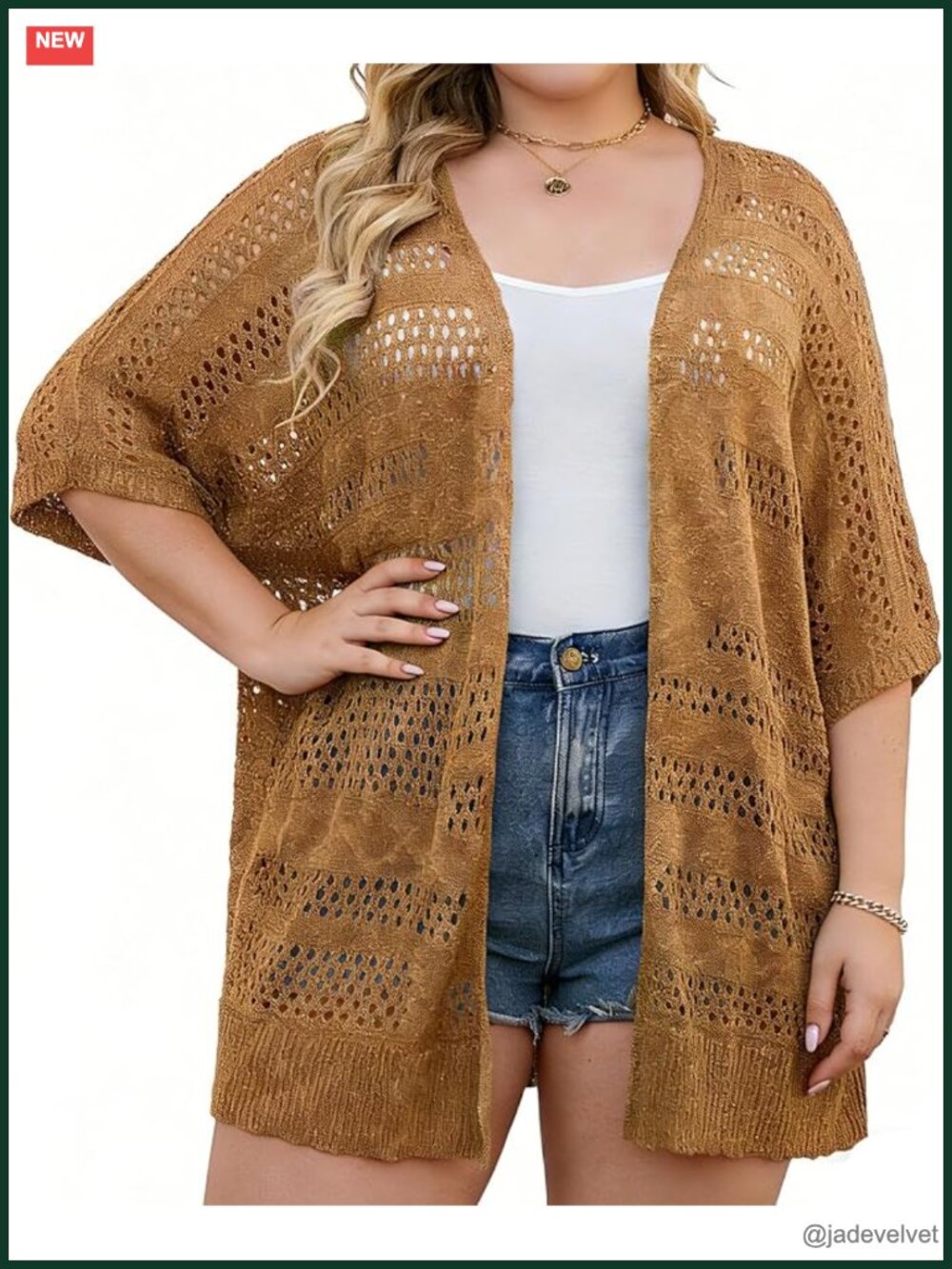 Plus Size Crochet Cardigan Short Sleeve Kimono Open Front Knit Sweater